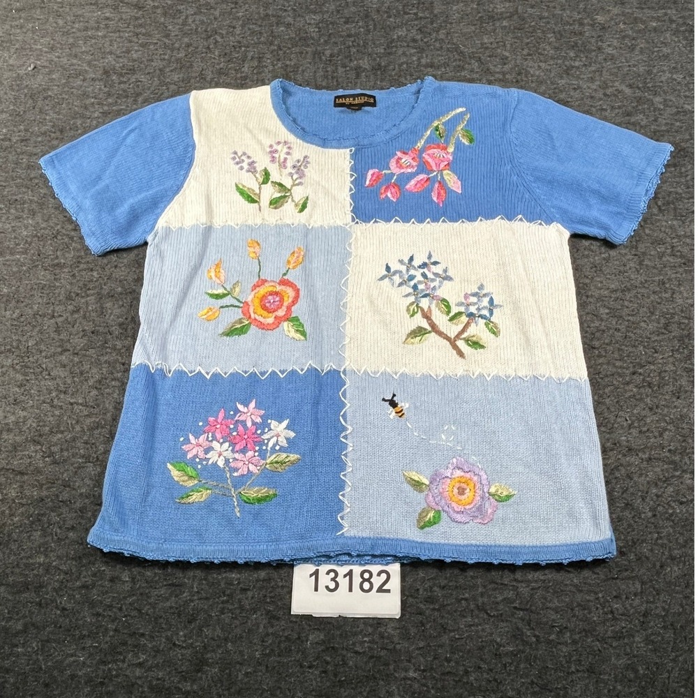 Salon Studio by Haband Floral Sweater Womens Large Blue Vintage Embroidered Knit